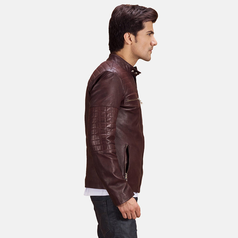 Urbane Trapuntato Bordeaux Giacca Biker in Pelle da Uomo