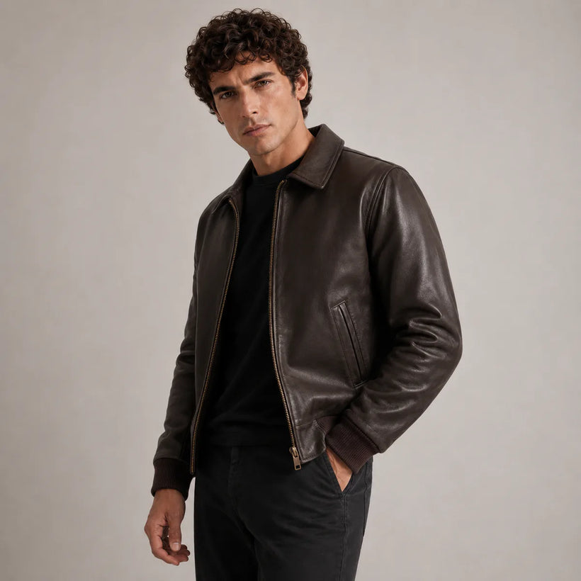 Dark Marrone Sheepskin Bomber in Pelle da Uomo