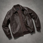
Tailored Rib Cuffs & Hem Craftsmanship Construction Detail on Marrone Scuro Sheepskin Bomber in Pelle da Uomo