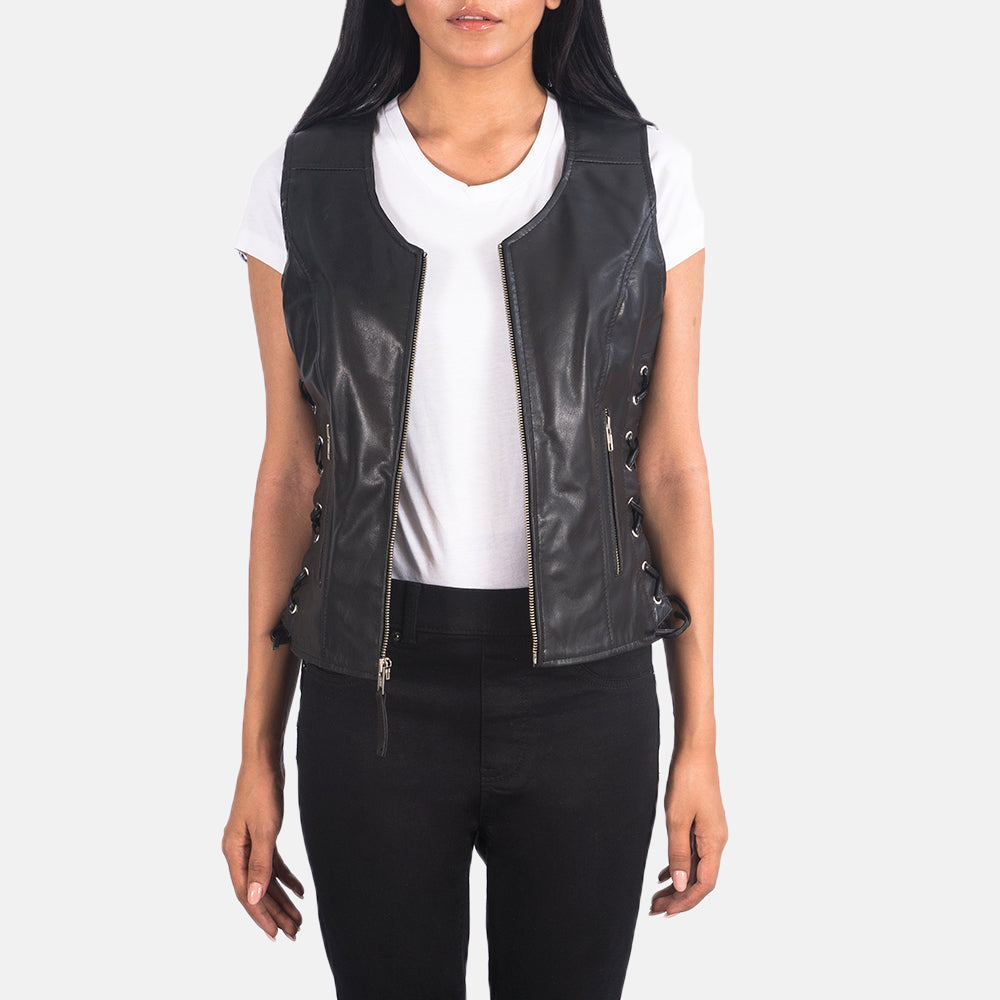 Women's Vanda Nero Leather Biker Vest da Donna in Black Goatskin Leather - Vista frontale e linea su misura | Acquista online
