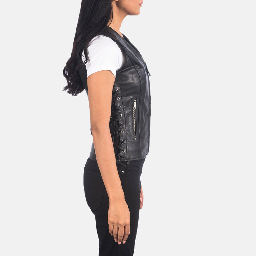 Vanda Nero Leather Biker Vest da Donna