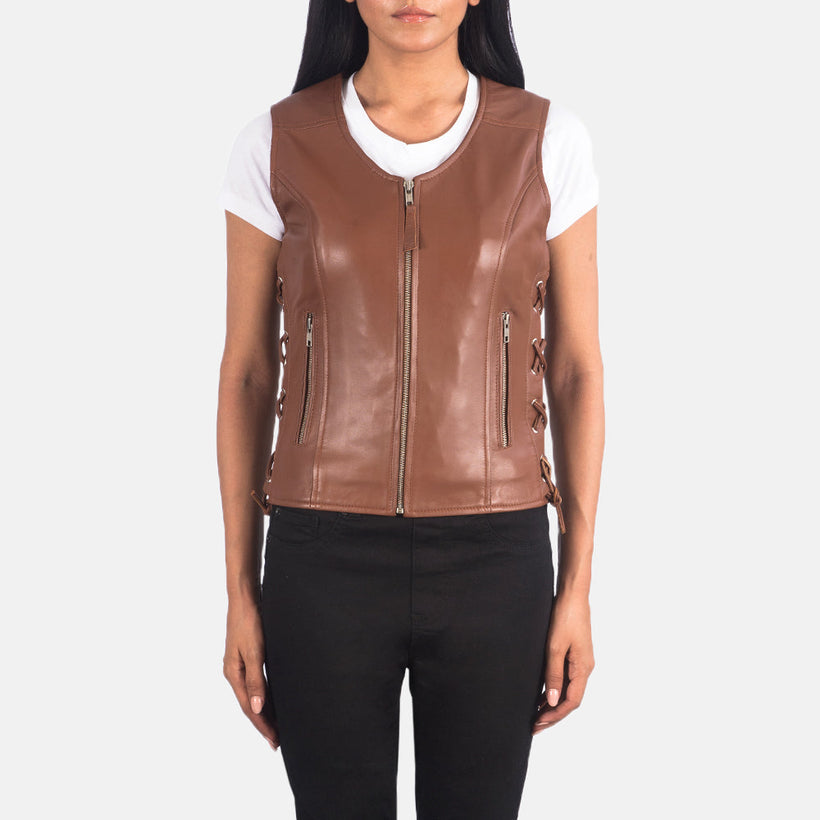 Vanda Marrone Leather Biker Vest da Donna