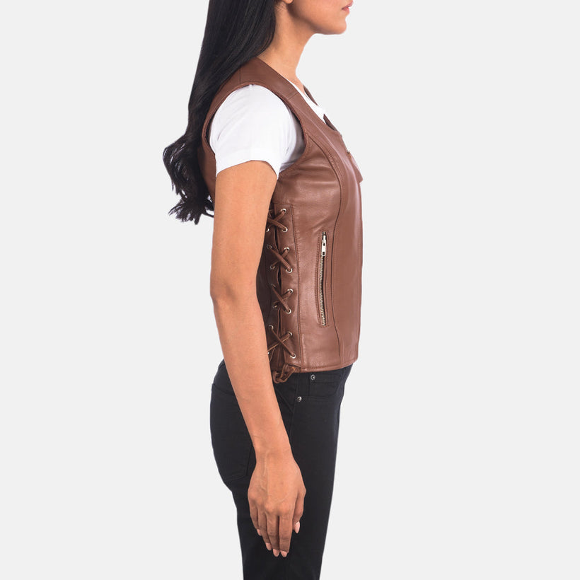Vanda Marrone Leather Biker Vest da Donna