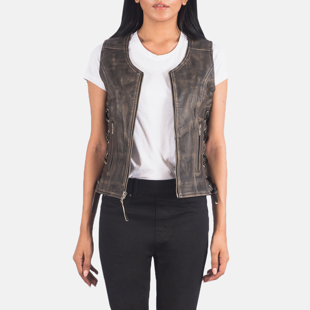 
Vanda Marrone Invecchiato Leather Biker Vest da Donna - Vista frontale e silhouette sartoriale | Acquista online