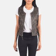 
Vanda Marrone Invecchiato Leather Biker Vest da Donna - Vista frontale e silhouette sartoriale | Acquista online