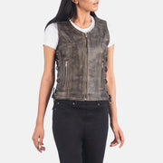 
Vanda Marrone Invecchiato Leather Biker Vest da Donna - Vista posteriore con spalle definite e orlo pulito