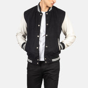 Men's Vaxton Nero &amp; Bianco Hybrid Varsity Giacca in Pelle da Uomo in Black &amp; White Sheepskin Leather - Vista frontale e linea su misura | Acquista online