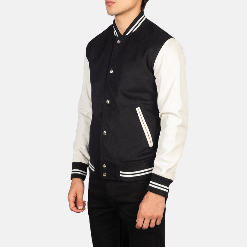 Vaxton Nero & Bianco Hybrid Varsity Giacca in Pelle da Uomo