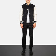 Men's Vaxton Nero &amp; Bianco Hybrid Varsity Giacca in Pelle da Uomo - Lateral Side Profile View Showing Sleeve Cut &amp; Athletic Taper Fit