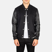 Men's Vaxton Nero Hybrid Varsity Giacca in Pelle da Uomo in Black Sheepskin Leather - Vista frontale e linea su misura | Acquista online