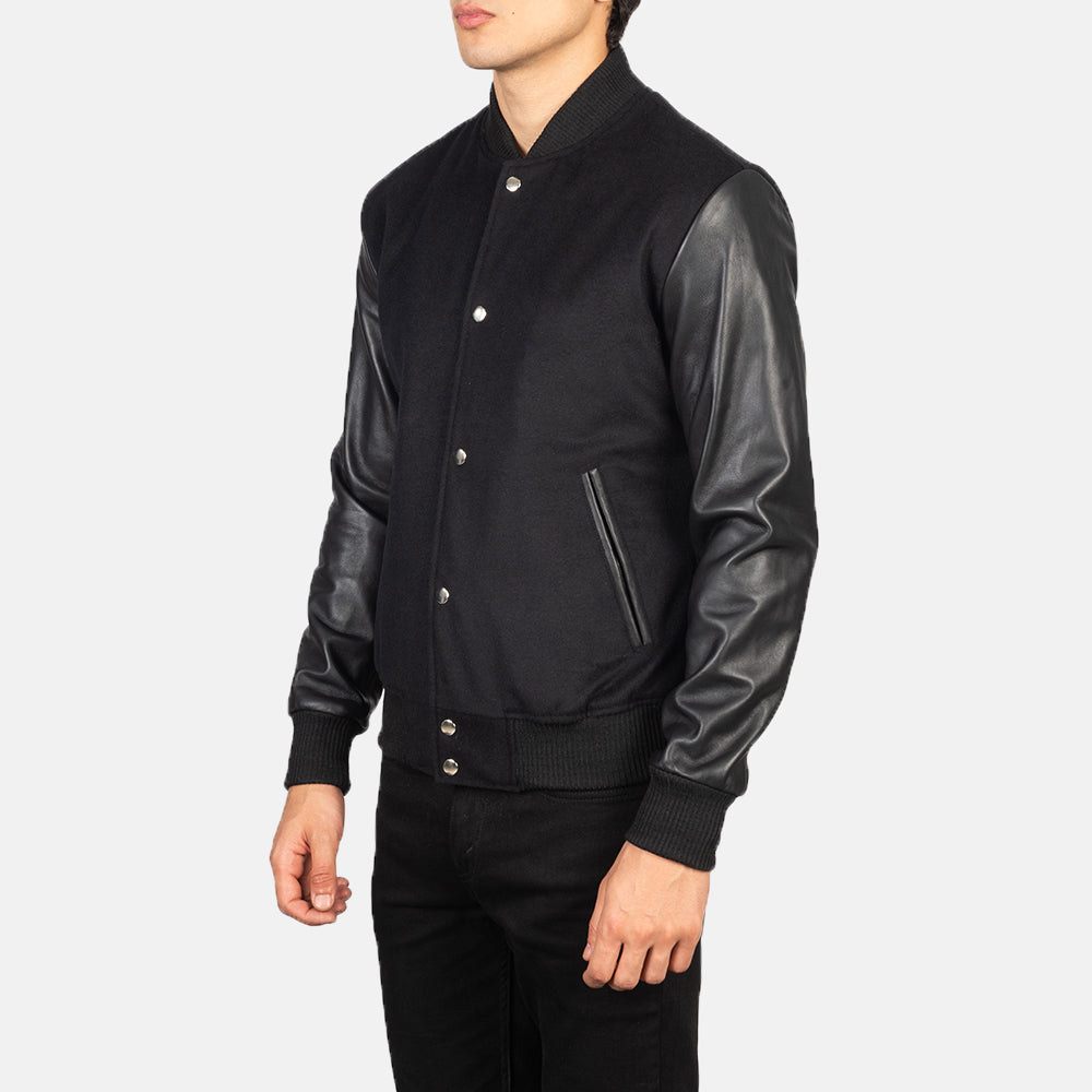 Black Sheepskin Leather Varsity Jacket - Vista posteriore Showing Tailored Shoulder Fit &amp; Clean Hemline