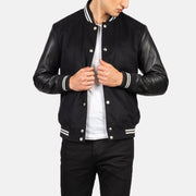 Men's Vaxton Nero Striped Hybrid Varsity Giacca in Pelle da Uomo in Black Sheepskin Leather - Vista frontale e linea su misura | Acquista online
