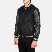 Black Sheepskin Leather Varsity Jacket - Vista posteriore Showing Tailored Shoulder Fit &amp; Clean Hemline