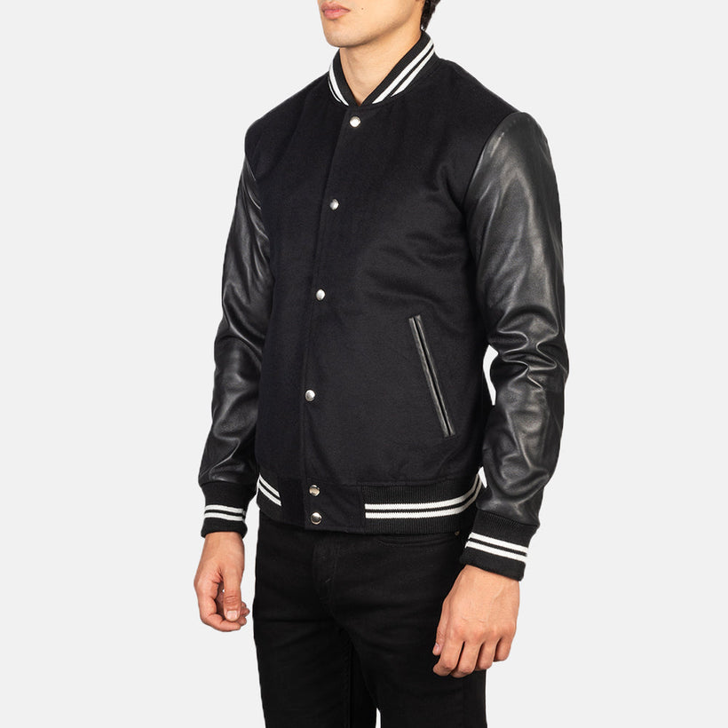 Vaxton Nero Striped Hybrid Varsity Giacca in Pelle da Uomo