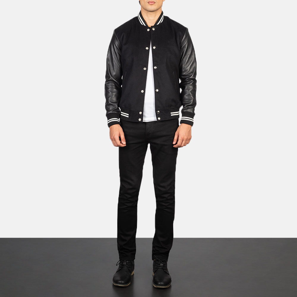 Men's Vaxton Nero Striped Hybrid Varsity Giacca in Pelle da Uomo - Lateral Side Profile View Showing Sleeve Cut &amp; Athletic Taper Fit