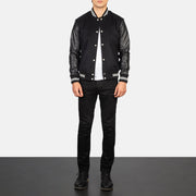 Men's Vaxton Nero Striped Hybrid Varsity Giacca in Pelle da Uomo - Lateral Side Profile View Showing Sleeve Cut &amp; Athletic Taper Fit