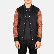 
Vaxton Brown Hybrid Varsity Jacket in Black & Brown Sheepskin Leather - Vista frontale e silhouette sartoriale | Acquista online