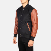 
Black & Brown Sheepskin Leather Varsity Jacket - Vista posteriore con spalle definite e orlo pulito