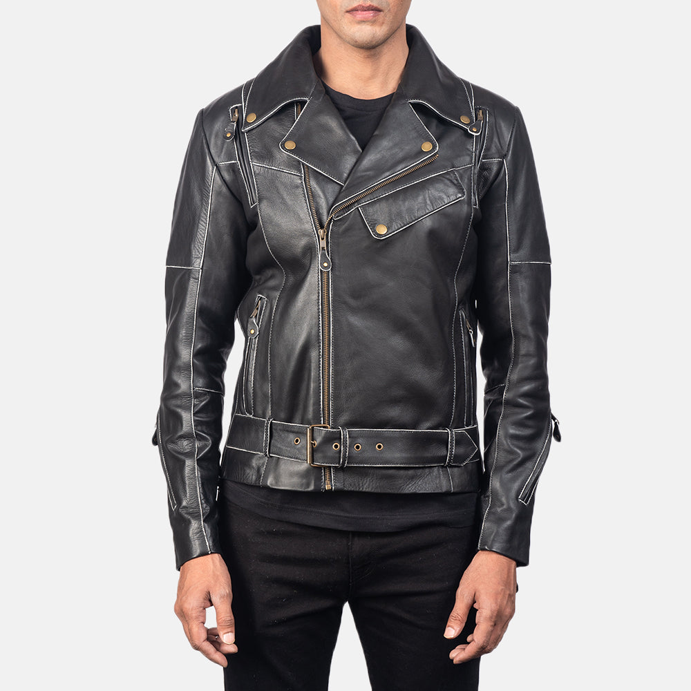 Men's Vincent Black Leather Biker Jacket in Distressed Black Cow Hide Leather - Vista frontale e linea su misura | Acquista online
