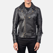 Men's Vincent Black Leather Biker Jacket in Distressed Black Cow Hide Leather - Vista frontale e linea su misura | Acquista online
