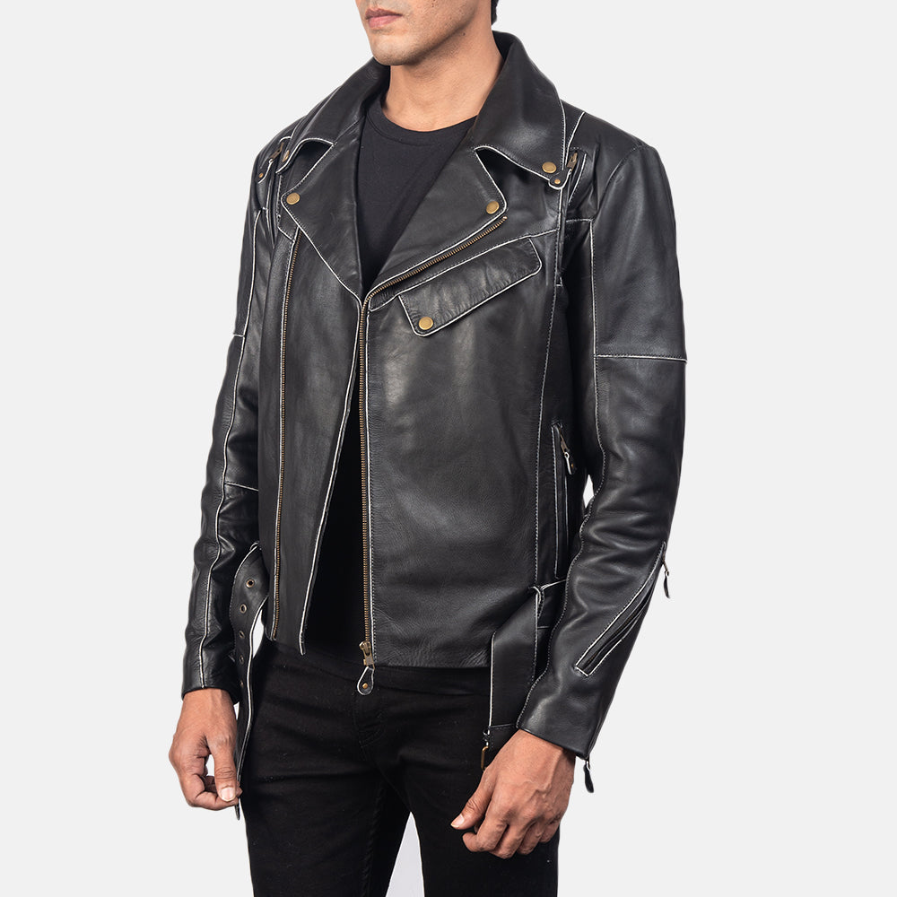 Distressed Vincent Nero Giacca Biker in Pelle da Uomo - Vista posteriore Showing Tailored Shoulder Fit &amp; Clean Hemline