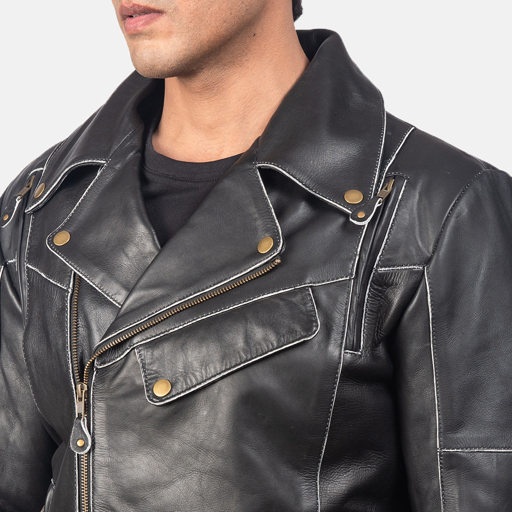 Dettaglio ravvicinato of Notch &amp; Zipper Hardware on Men's Vincent Black Leather Biker Jacket