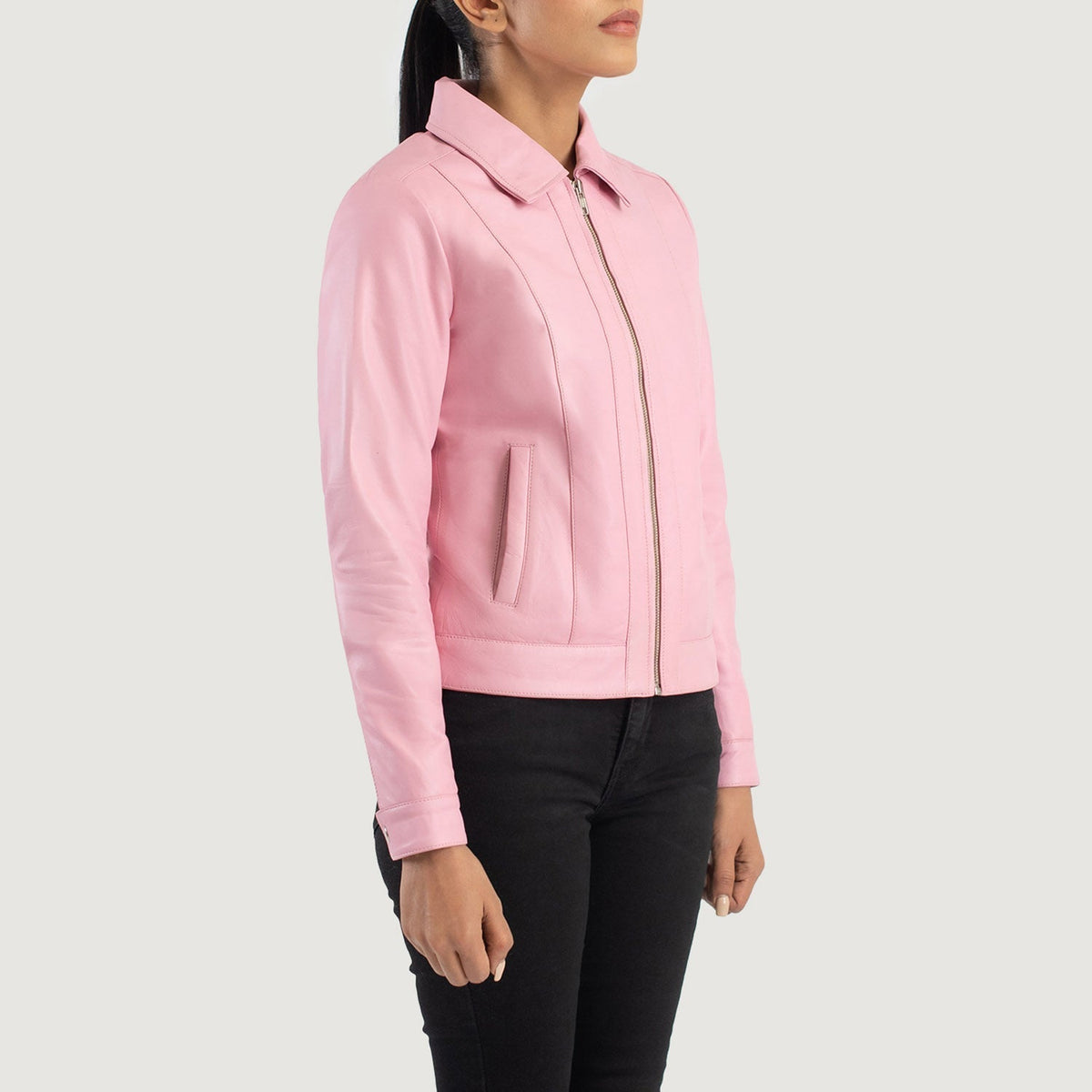 Pink Sheepskin Leather Biker Jacket - Vista posteriore Showing Tailored Shoulder Fit &amp; Clean Hemline