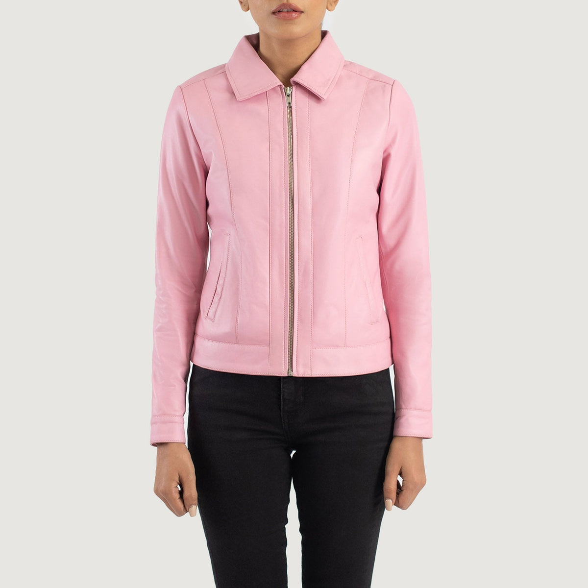 Dettaglio ravvicinato of Shirt &amp; Zipper Hardware on Women's Vixen Pink Classic Collar Leather Jacket