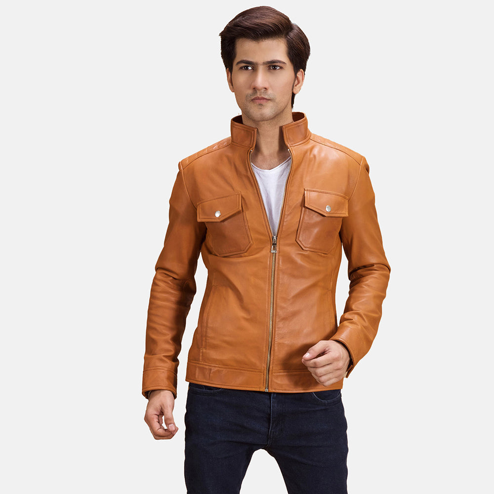 Voltex Cuoio Giacca Biker in Pelle da Uomo in Tan Brown Sheepskin Leather - Vista frontale e linea su misura | Acquista online