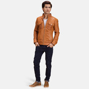 Voltex Cuoio Giacca Biker in Pelle da Uomo - Lateral Side Profile View Showing Sleeve Cut &amp; Athletic Taper Fit