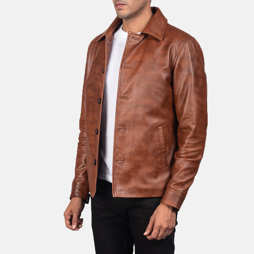Distressed Brown Sheepskin Burnishing Leather Jacket - Vista posteriore Showing Tailored Shoulder Fit &amp; Clean Hemline