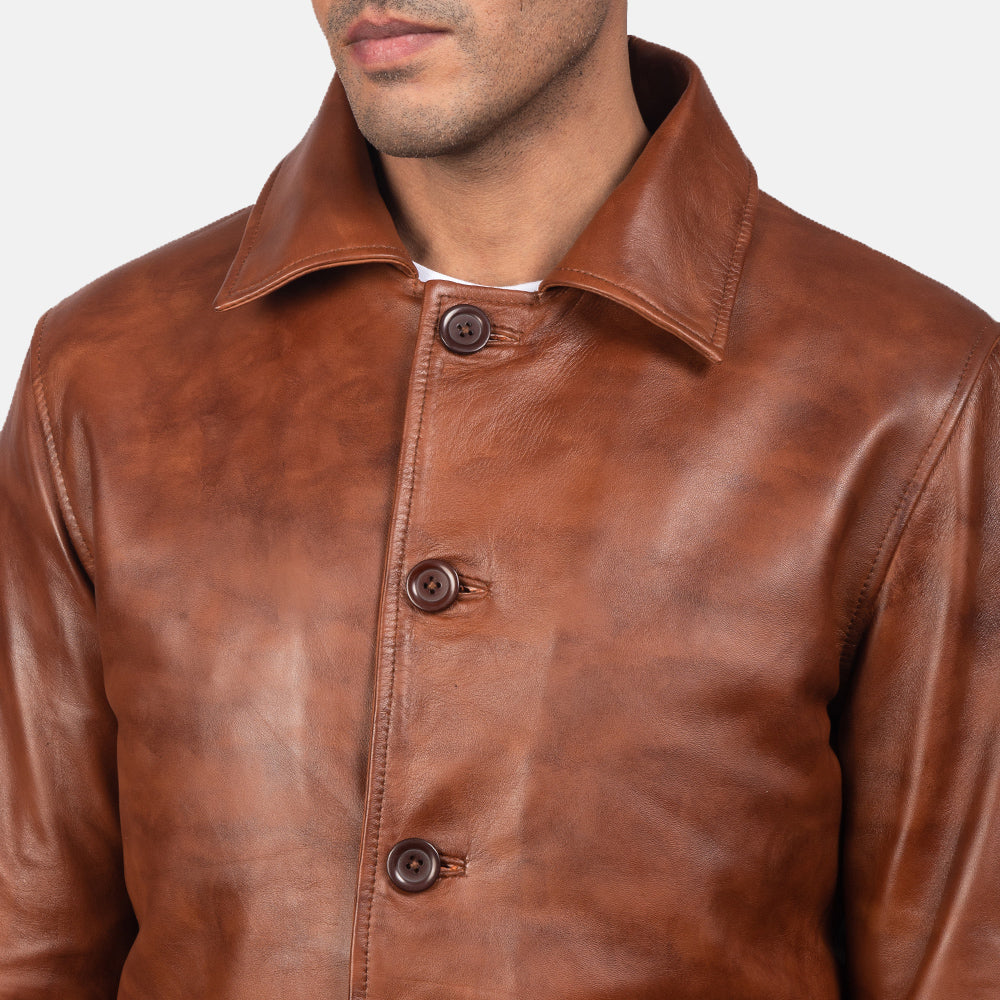 Waffle Marrone Giacca in Pelle da Uomo - Lateral Side Profile View Showing Sleeve Cut &amp; Athletic Taper Fit