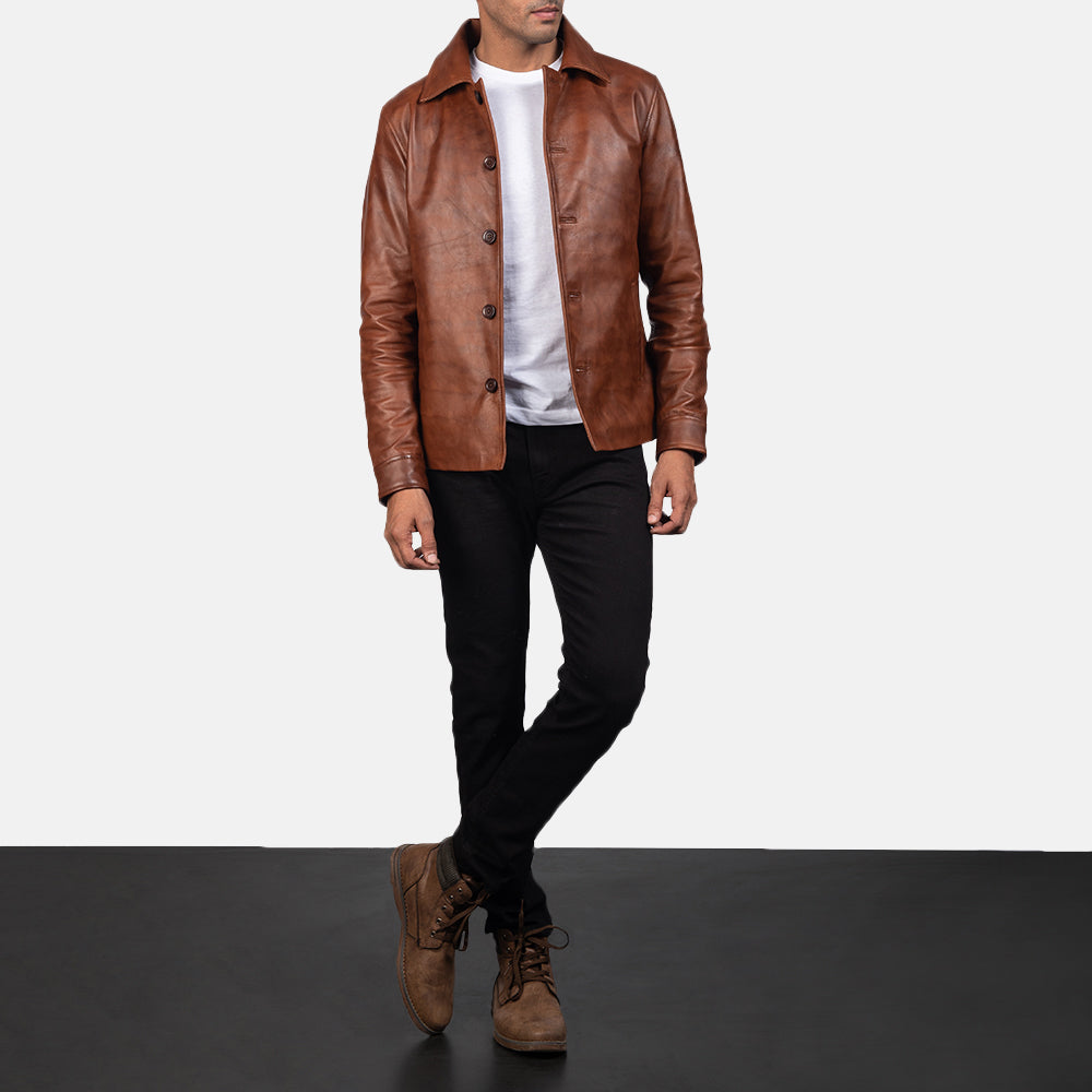 Dettaglio ravvicinato of Shirt &amp; Button Hardware on Waffle Marrone Giacca in Pelle da Uomo