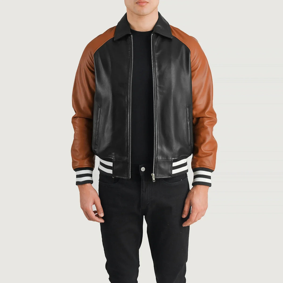Walton Blue Leather Varsity Jacket in Blue Sheepskin Leather - Vista frontale e linea su misura | Acquista online