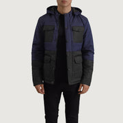 
Wayne Nero & Blu Hooded Puffer Giacca in Pelle da Uomo in Black + Blue Full-Grain Leather - Vista frontale e silhouette sartoriale | Acquista online