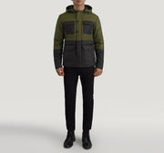 
Wayne Nero & Verde Hooded Puffer Giacca in Pelle da Uomo - Vista laterale che mostra il taglio ergonomico delle maniche