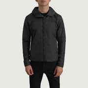 
Dettaglio ravvicinato of Classic Collar & Zipper With Inside Wind Flap. Hardware on Wesley Nero Hooded Windbreaker Giacca in Pelle da Uomo