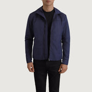 
Wesley Blu Hooded Windbreaker Giacca in Pelle da Uomo in Blue Full-Grain Leather - Vista frontale e silhouette sartoriale | Acquista online