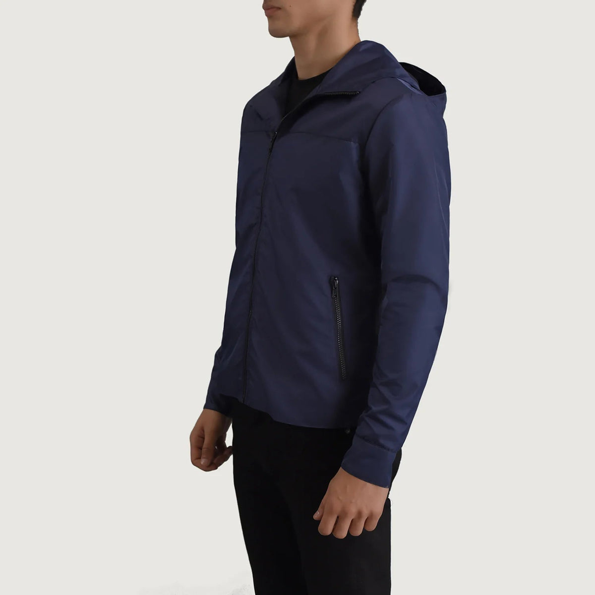
Blue Full-Grain Leather Hooded Jacket - Vista posteriore con spalle definite e orlo pulito