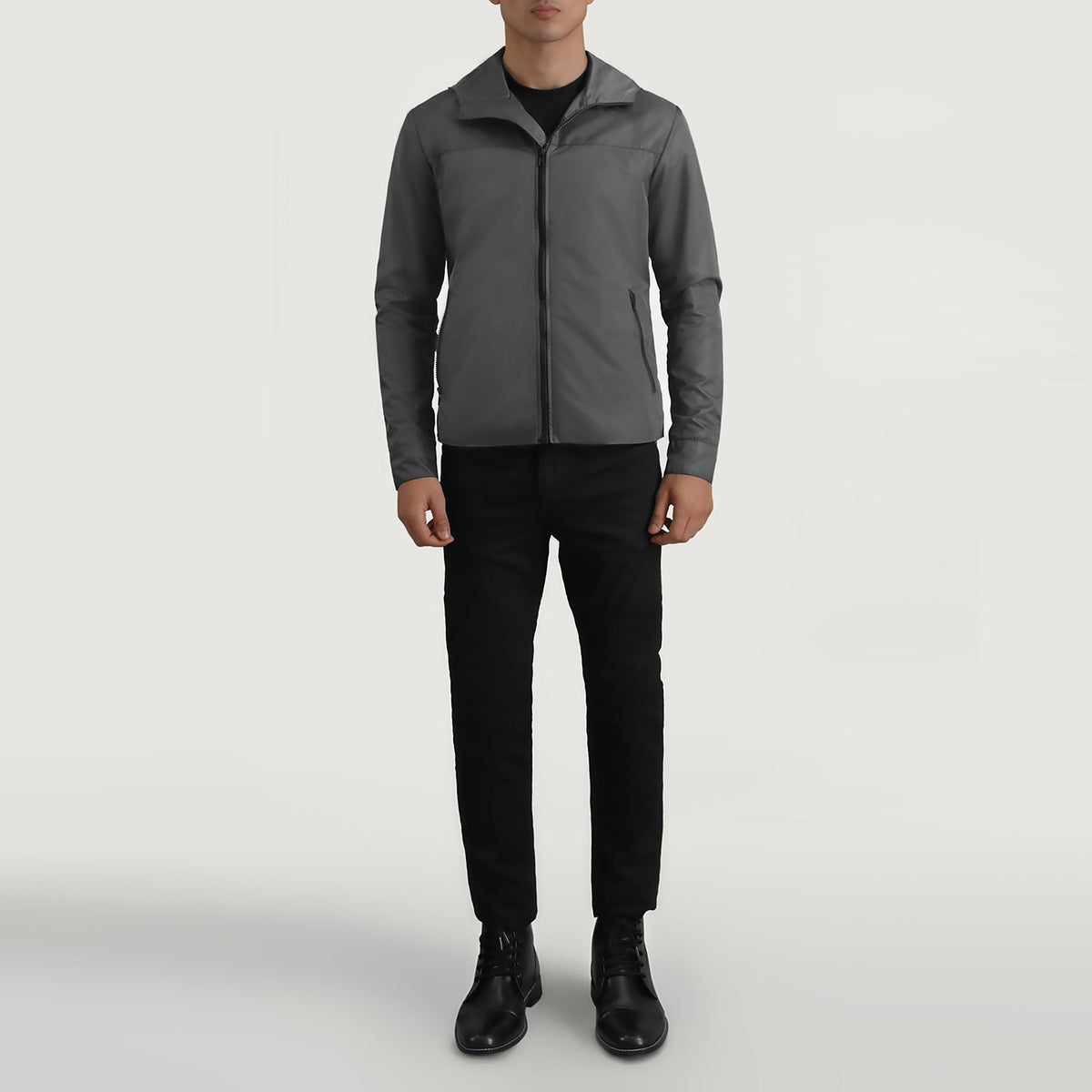 
Wesley Grigio Hooded Windbreaker Giacca in Pelle da Uomo - Vista laterale che mostra il taglio ergonomico delle maniche