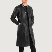 Wilde Nero Leather Varsity Cappotto in Pelle da Uomo - Lateral Side Profile View Showing Sleeve Cut &amp; Athletic Taper Fit