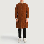 Wilde Marrone Suede Varsity Cappotto in Pelle da Uomo - Lateral Side Profile View Showing Sleeve Cut &amp; Athletic Taper Fit