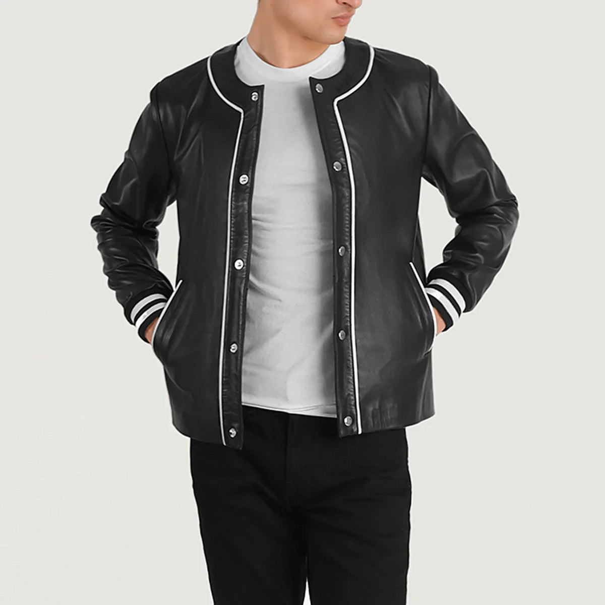 Willis Black Leather Varsity Jacket in Black Sheepskin Leather - Vista frontale e linea su misura | Acquista online