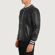 Black Sheepskin Leather Varsity Jacket - Vista posteriore Showing Tailored Shoulder Fit &amp; Clean Hemline