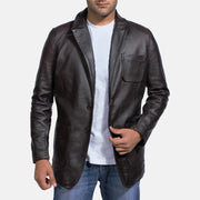 Dark Brown Cow Hide leather Blazer - Vista posteriore Showing Tailored Shoulder Fit &amp; Clean Hemline