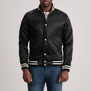Xander Nero Varsity Giacca in Pelle da Uomo in Black Satin - Vista frontale e linea su misura | Acquista online