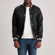 Xander Nero Varsity Giacca in Pelle da Uomo - Lateral Side Profile View Showing Sleeve Cut &amp; Athletic Taper Fit
