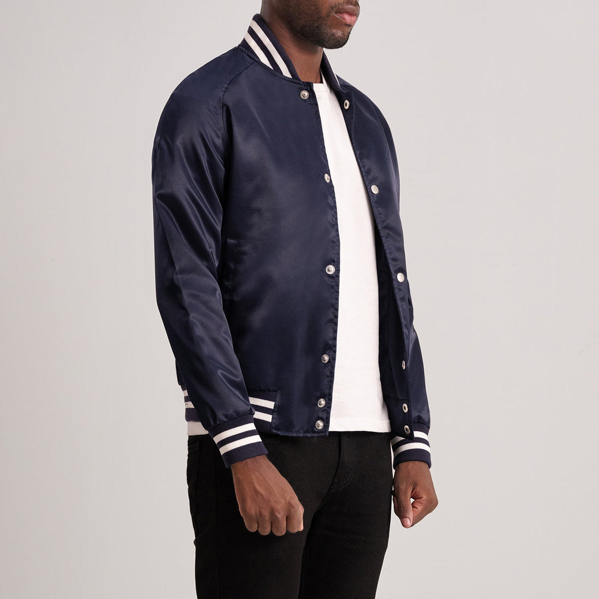Blue Satin Varsity Jacket - Vista posteriore Showing Tailored Shoulder Fit &amp; Clean Hemline