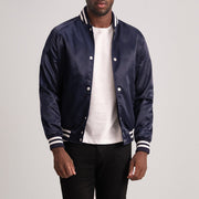 Xander Blu Varsity Giacca in Pelle da Uomo - Lateral Side Profile View Showing Sleeve Cut &amp; Athletic Taper Fit