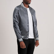 Grey Satin Varsity Jacket - Vista posteriore Showing Tailored Shoulder Fit &amp; Clean Hemline